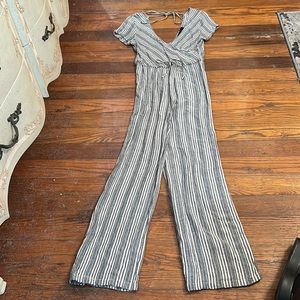 EUC Blue Rain Jumpsuit Tie Waist Striped Wrap Short Sleeve surplice top women XS